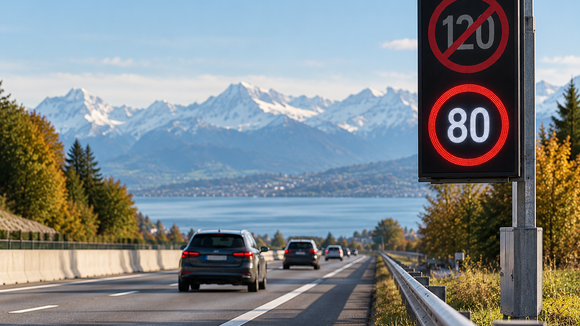La Suisse envisage d’abaisser la vitesse maximale sur ses autoroutes de 120 à 80 km/h en cas de grave pénurie de carburant. Une mesure encore à l’étude, qui permettrait de réduire sensiblement la consommation des automobilistes. © L'Automobile Magazine / Image générée par IA