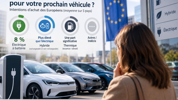 Une enquête YouGov commandée par l’association d’équipementiers CLEPA affirme que seuls 8% des adultes interrogés en France, Allemagne, Italie, Espagne et Pologne choisiraient une voiture électrique pour leur prochain achat. © IA